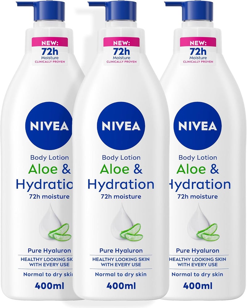 NIVEA Aloe & Hydration Body Lotion for Normal to Dry Skin, 3 Pack of 400ml - Image 1